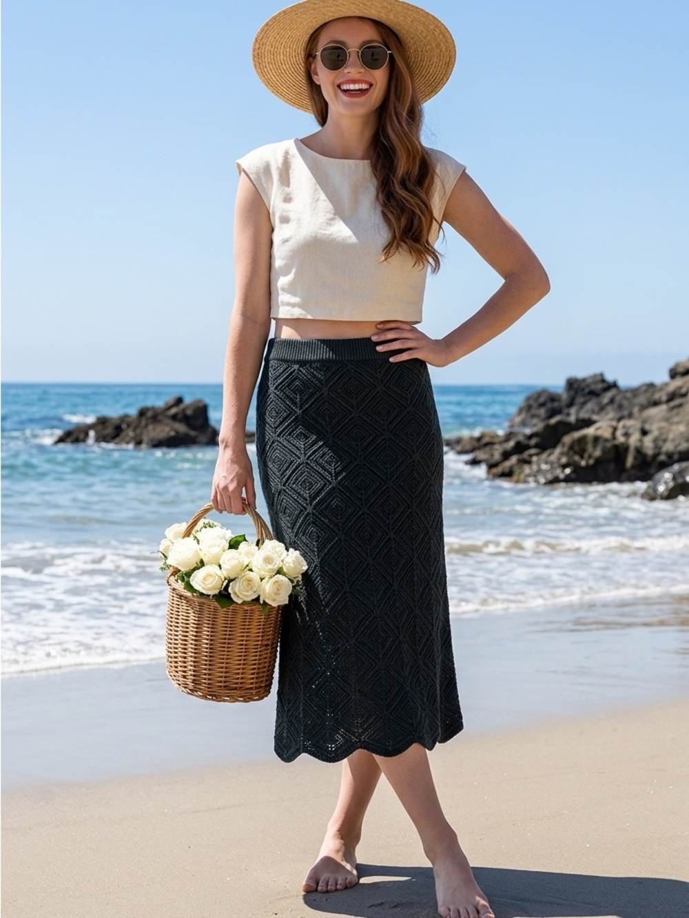Emma & Posh black crochet midi skirt